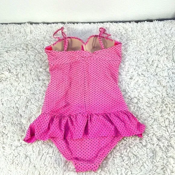 Joe Boxer One Piece Swimsuit Pink Polka Dot Peplum Skirted M - Picture 2 of 4